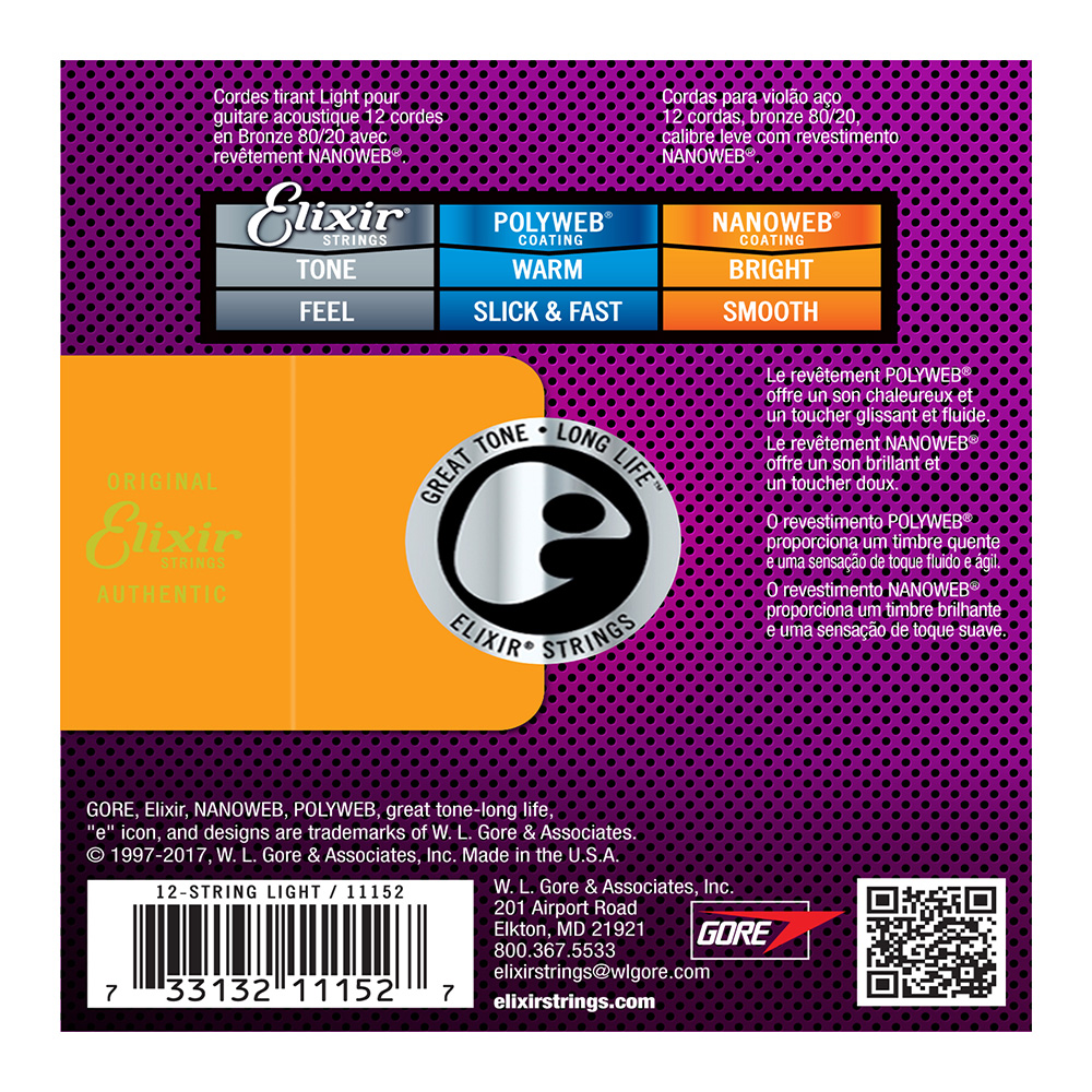 Elixir 11152 Acoustic Nanoweb 80 20 Bronze 12 String Light 10 47