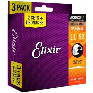 Elixir 16544 Acoustic Nanoweb 92/8 Phosphor Bronze Custom Light (11-52) - 3 Pack