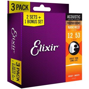 Elixir 16545 Acoustic Nanoweb 92/8 Phosphor Bronze Light (12-53) - 3 Pack