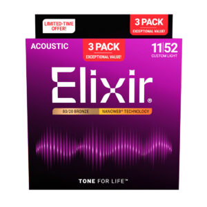 Elixir 16564 Acoustic Nanoweb 80/20 Bronze Custom Light (11-52) - 3 Pack