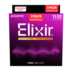 Elixir 16568 Acoustic Nanoweb 92/8 Phosphor Bronze Custom Light (11-52) - 3 Pack