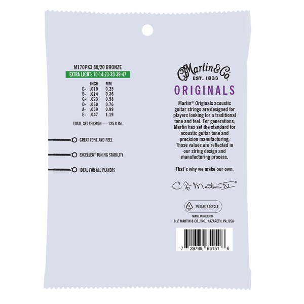 Martin Originals 80/20 Bronze 3 Pack Extra Light ( 10-47 ) M170PK3 - Image 2