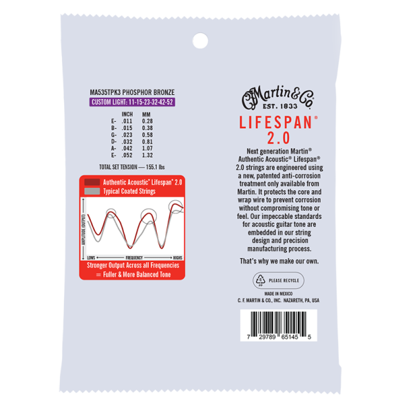 Martin Lifespan 2.0 Phosphor Bronze 3 Pack Custom Light ( 11-52 ) MA535TPK3 - Image 2