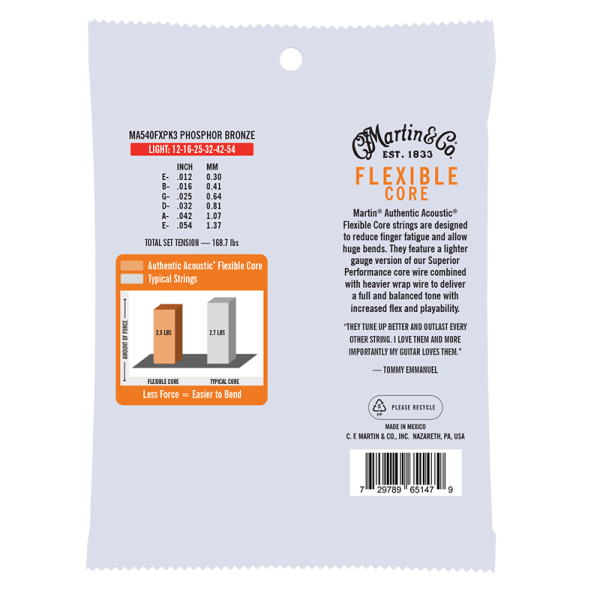 Martin Flexible Core Phosphor Bronze 3 Pack Light ( 12-54 ) MA540FXPK3 - Image 2